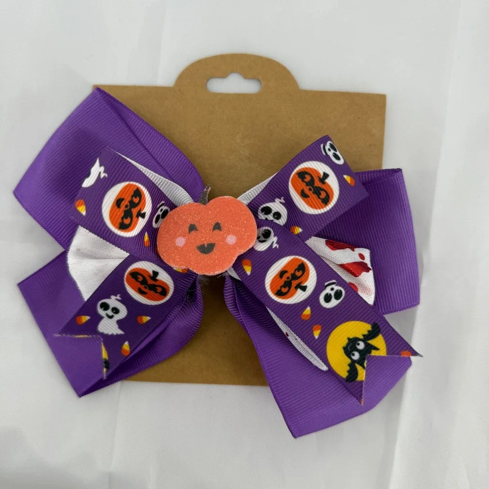Halloween‎ Hair Bow Purple Grosgrain Ribbon Pumpkin Ghost Bat Hair Clip